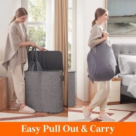 Double Laundry Hamper with Lid and Removable Laundry Bags, Large Collapsible 2 Dividers Dirty Clothes Basket with Handles for Bedroom, Laundry Room, Closet, Bathroom, College, Grey