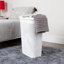 40 Liter Slim Laundry Basket, Laundry Hamper with Cutout Handles, Washing Bin, Dirty Clothes Storage, Bathroom, Bedroom, Closet, White